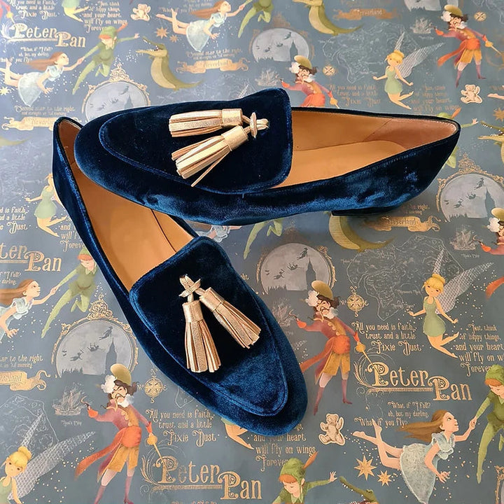 HARPER & JUNE | MIDNIGHT ELEGANCE LOAFERS WITH CHAMPAGNE TASSELS