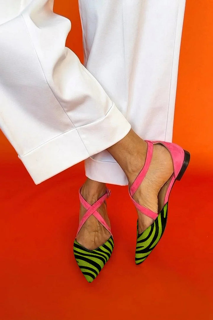 HARPER & JUNE | ZEBRA PRINT CROSS-STRAP FLATS