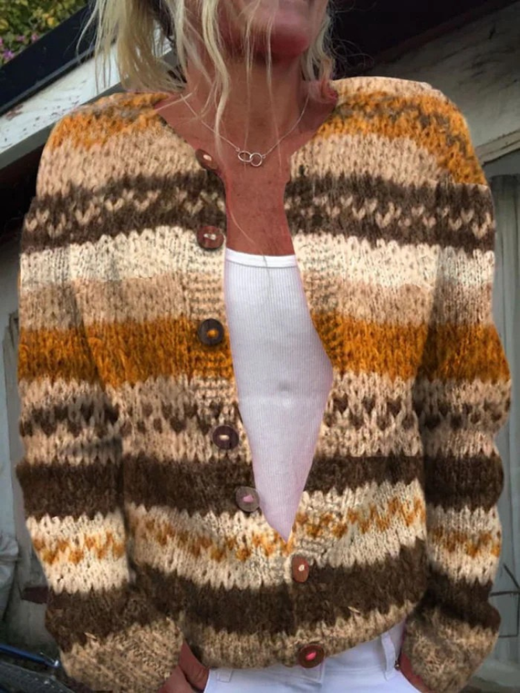 NORTHLINE STUDIO | Striped Colour Block Print Buttoned Cardigan Sweater